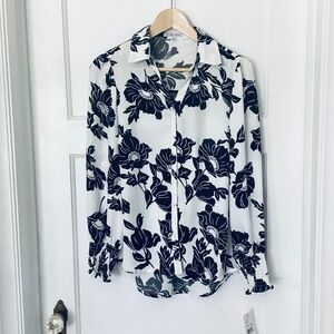 Ophelia Roe Long Sleeve Button Up Floral Blouse Size S V-Neck Black White NWT